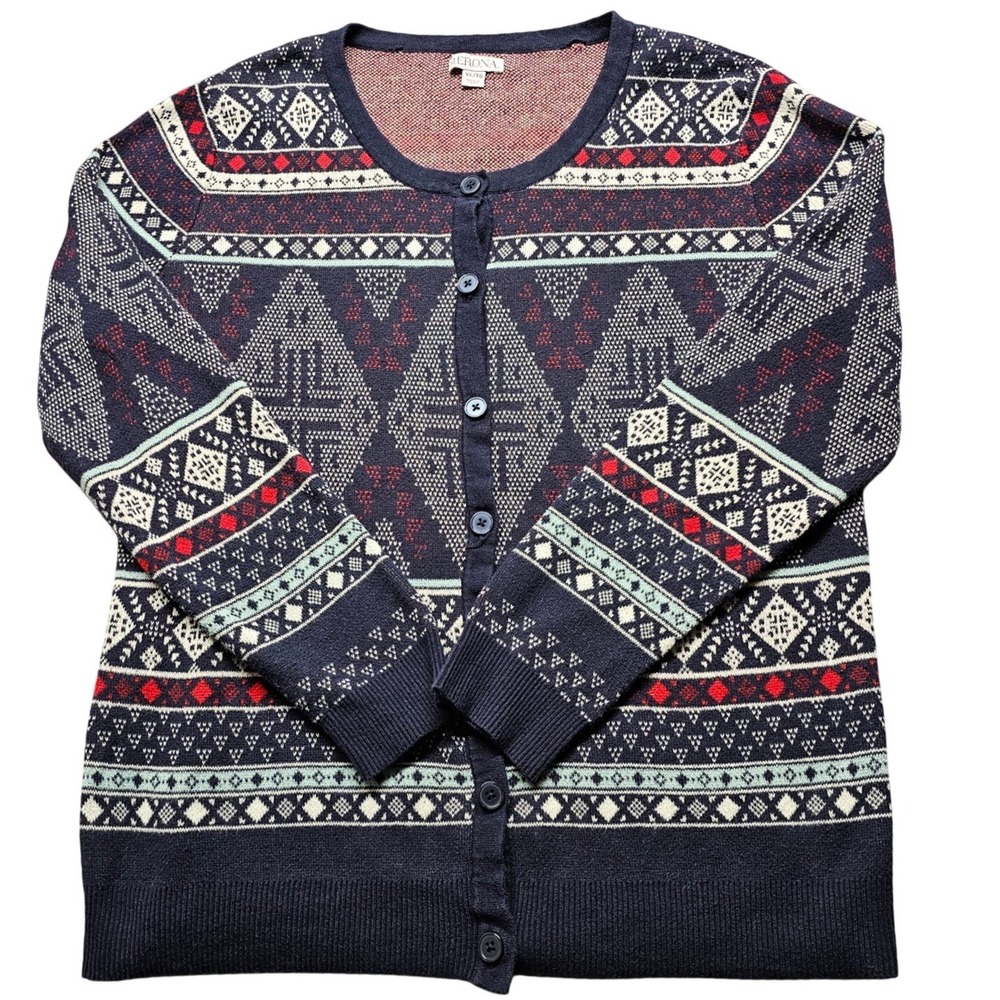 Merona Womens‎ XL Navy Blue Red Fair Isle Geometric Cotton Button Front Cardigan
